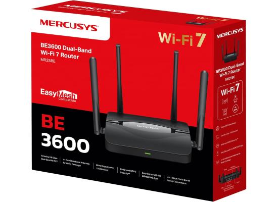 Mercusys MR25BE Router Wi-Fi 7 BE3600Mbps Dual Band, 4 Gigabit Ports, 4 High Gain Antennas, 160MHz Channels, 4K-QAM, MLO, WPA3 Security, App Control - Black